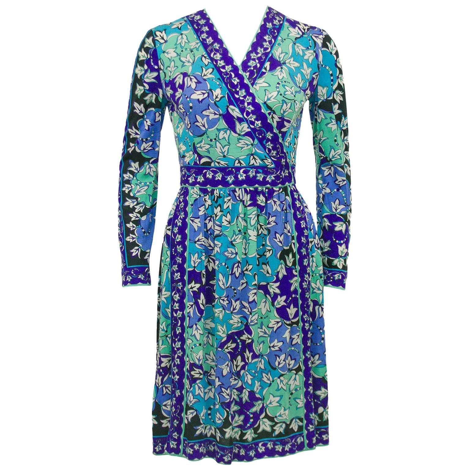 1970 Emilio Pucci Blue Tones Robe en maille de soie et cachemire 