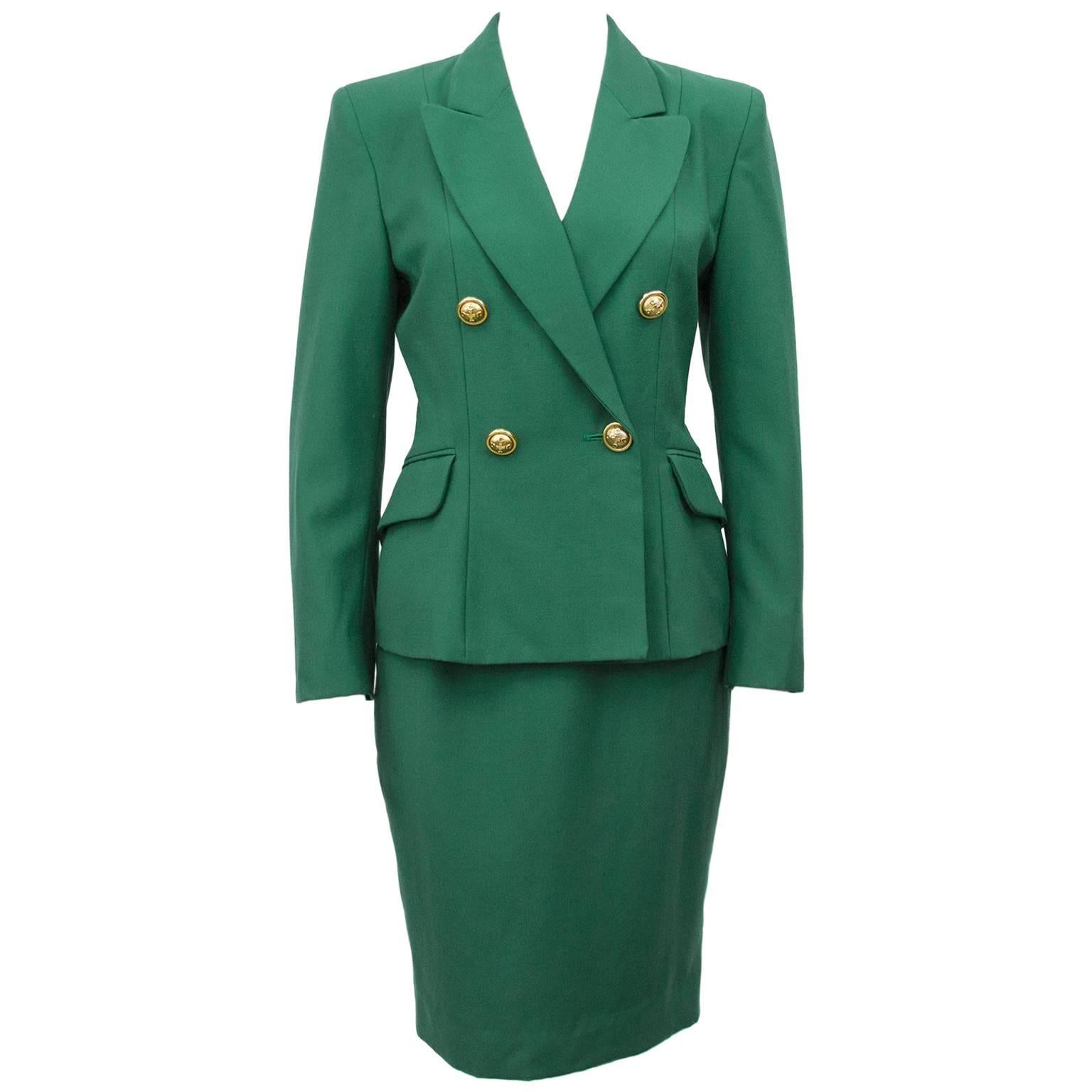 1980s Moschino Cheap and Chic Kelly Green Wool Skirt Suit 
