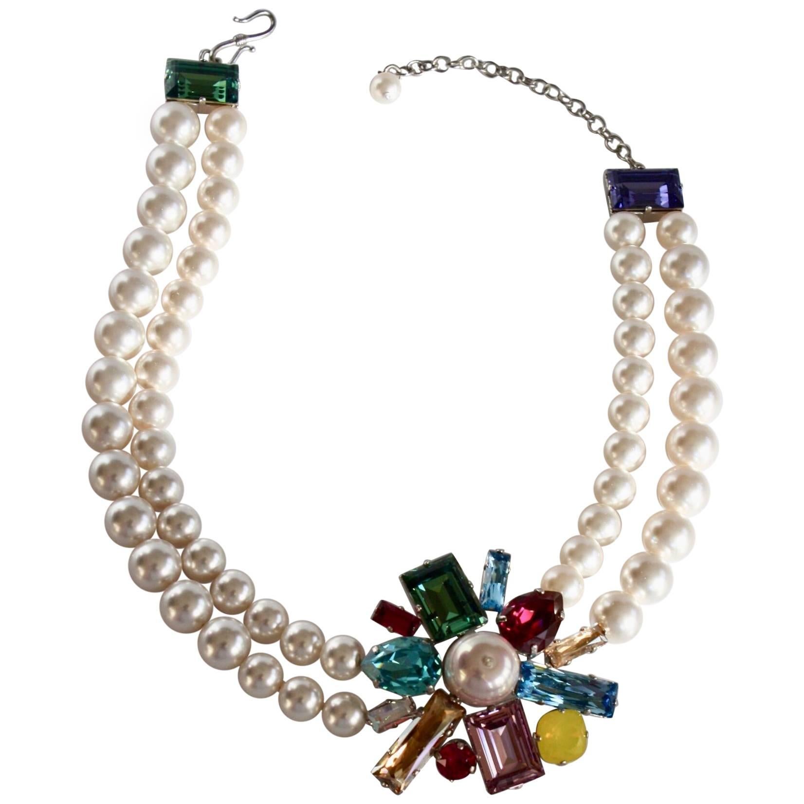 Philippe Ferrandis Glass Pearl and Swarovski Crystal Arlequin Necklace