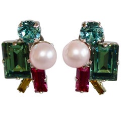 Philippe Ferrandis "Arlequin" Glass and Crystal Clip Earrings