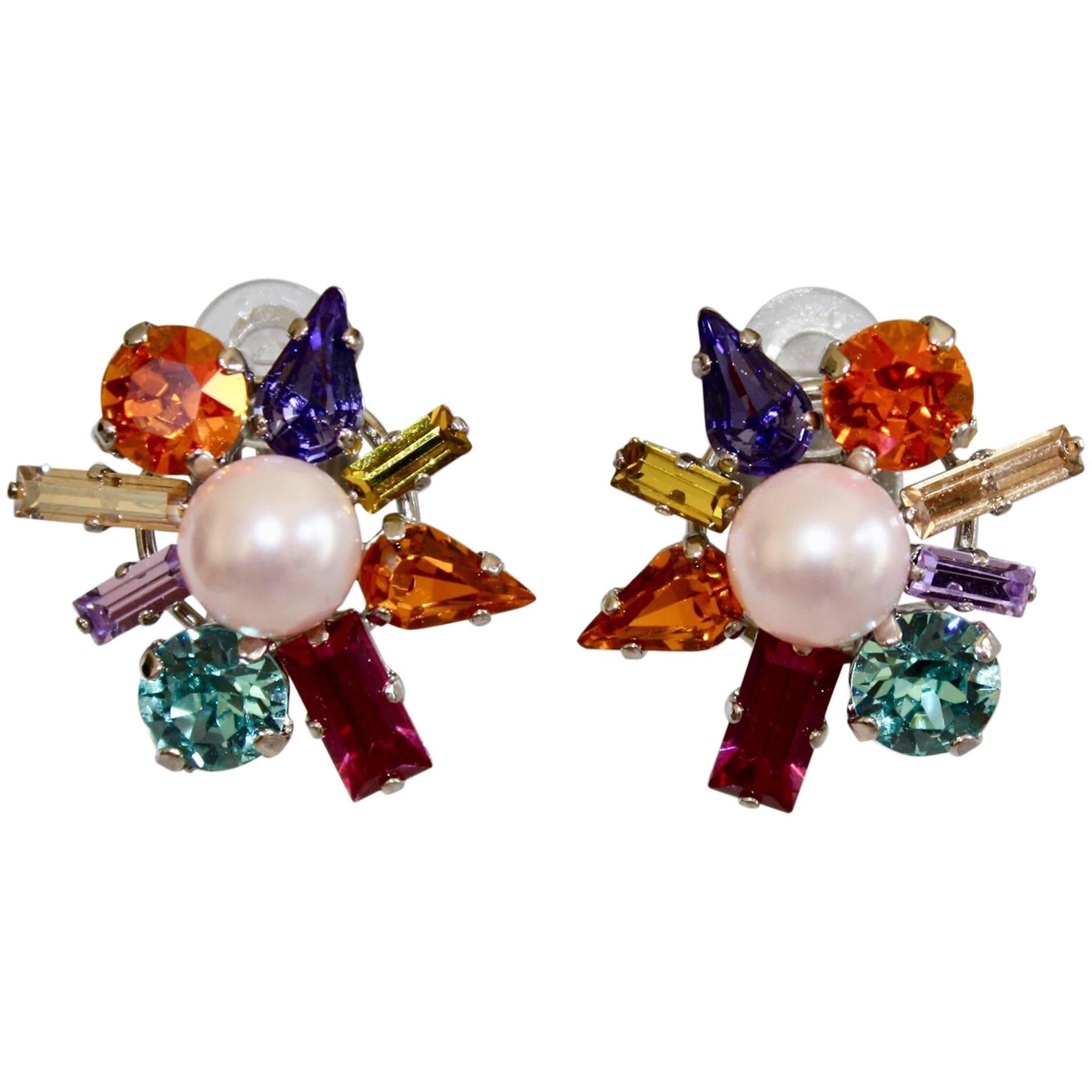 Philippe Ferrandis Arlequin Starburst Glass and Crystal Clip Earrings