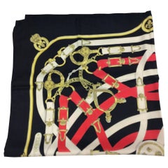 Hermes Black Red Printed Silk Scarf