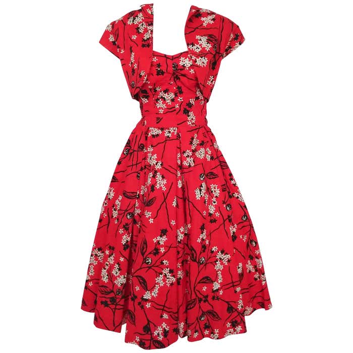 Shaheen Tiki Print Red Dress and Bolero Set, 1950s For Sale at 1stDibs ...