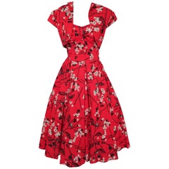 Vintage Shaheen Tiki Print Red Dress and Bolero Set, 1950s