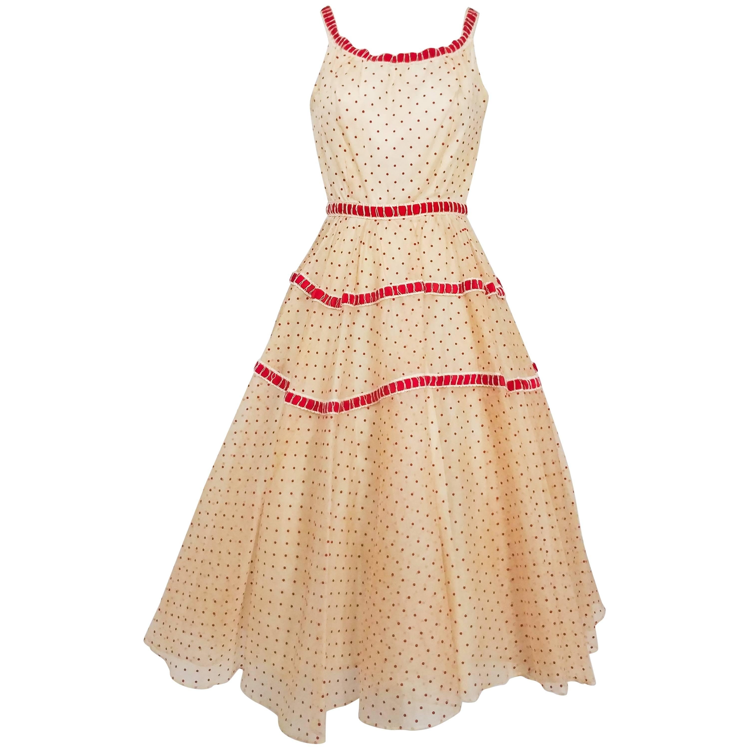 White and Red Organza Polka Dot Party Dress, 1950s For Sale