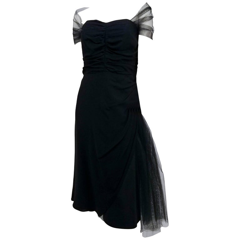 Black Cocktail Dress with Tulle Accents, 1950s at 1stDibs