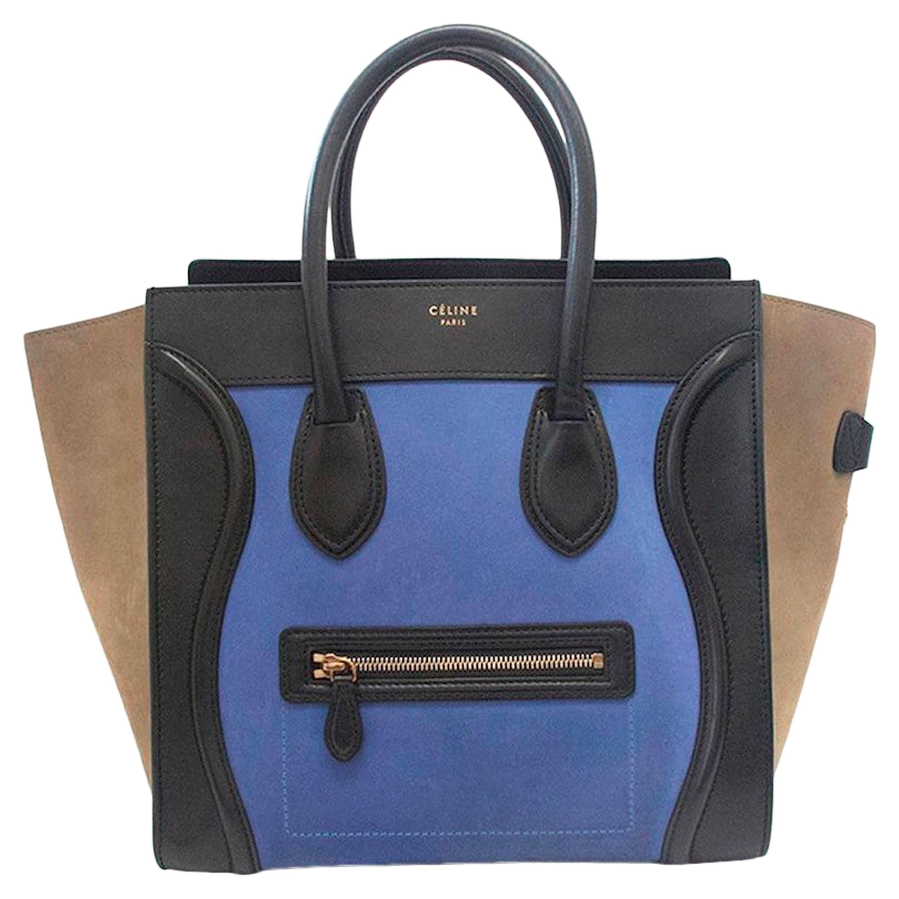 Celine suede colbat blue and taupe luggage tote