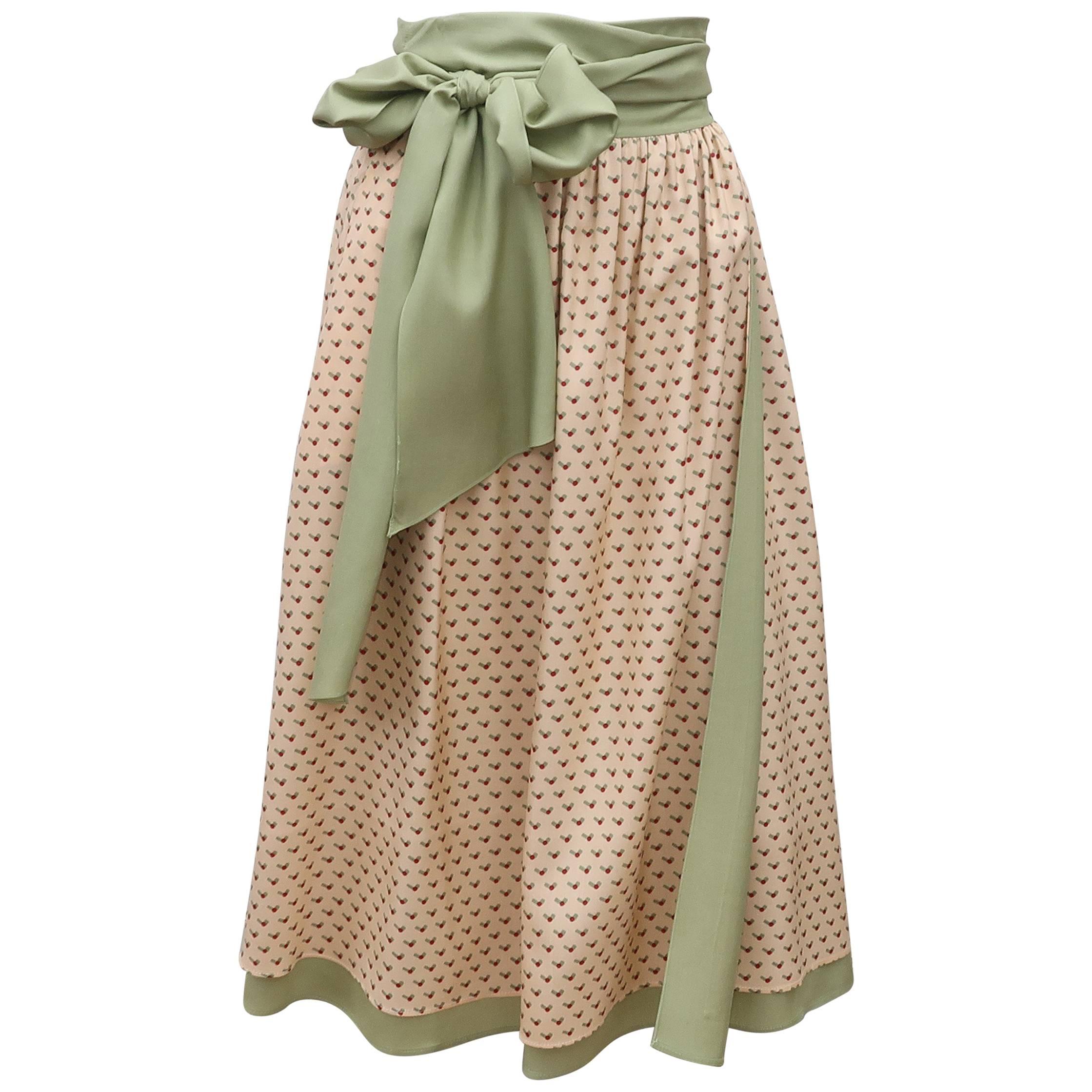 1970's Charlotte Ford Sage Green Silk Wrap Skirt With Print