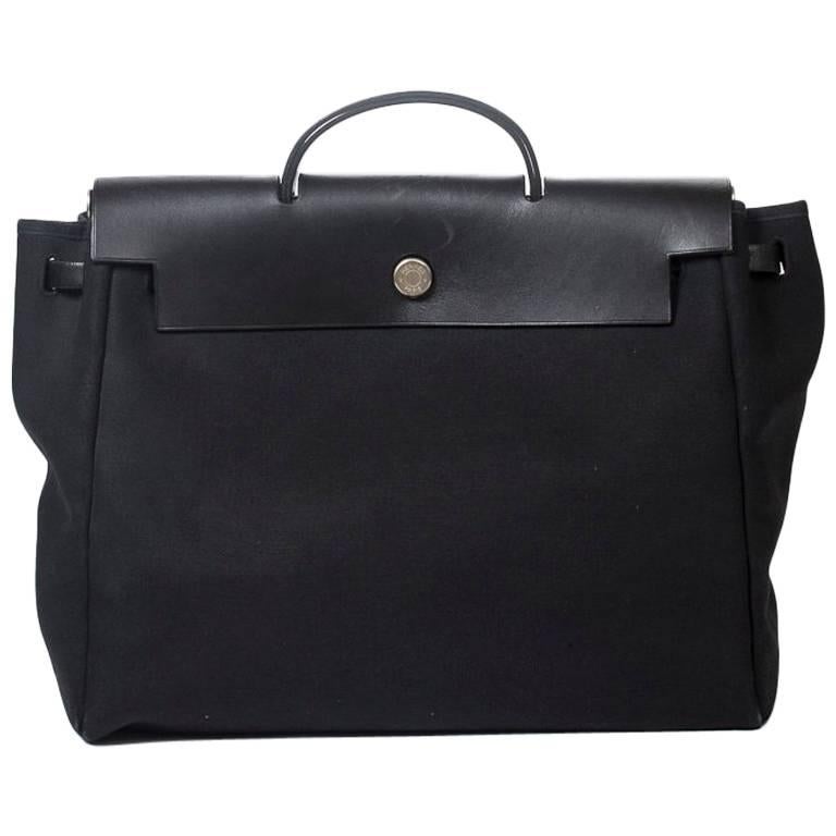 HERMES Herbag Backpack MM in black Toile Officier For Sale