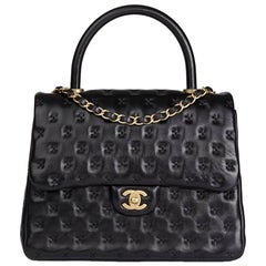 2017 Chanel Black Cross Stitch Quilted Lambskin Coco Handle Flap Bag 