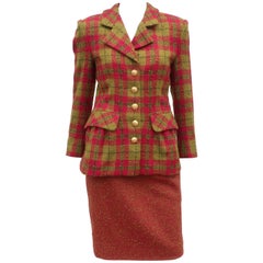 C.1980 Adolfo For Saks Fifth Avenue Plaid Boucle Jupe Suit