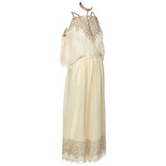 Vintage Zandra Rhodes Ivory Silk Linen Shell Embellished Suede Necklace Dress, 1980s 