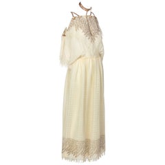 Zandra Rhodes Ivory Silk Linen Shell Embellished Suede Necklace Dress, 1980s 