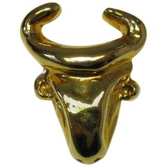 CHRISTIAN LACROIX Bull Vintage Brooch in Gold Resin