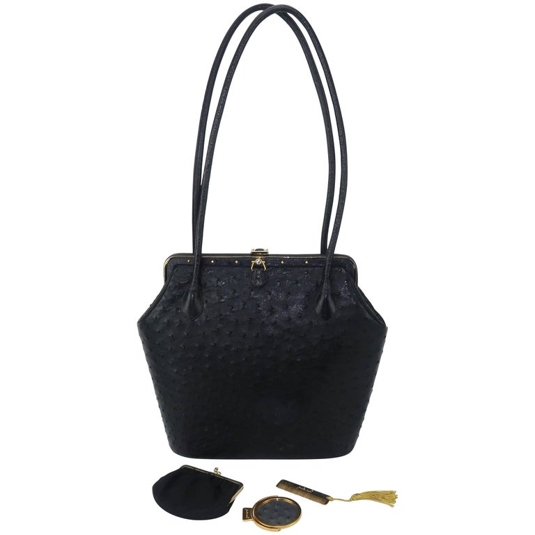 Judith Leiber Large Vintage Black Ostrich Handbag With Gold Studs Judith Leiber Large Vintage Black Ostrich Handbag With Gold Studs For