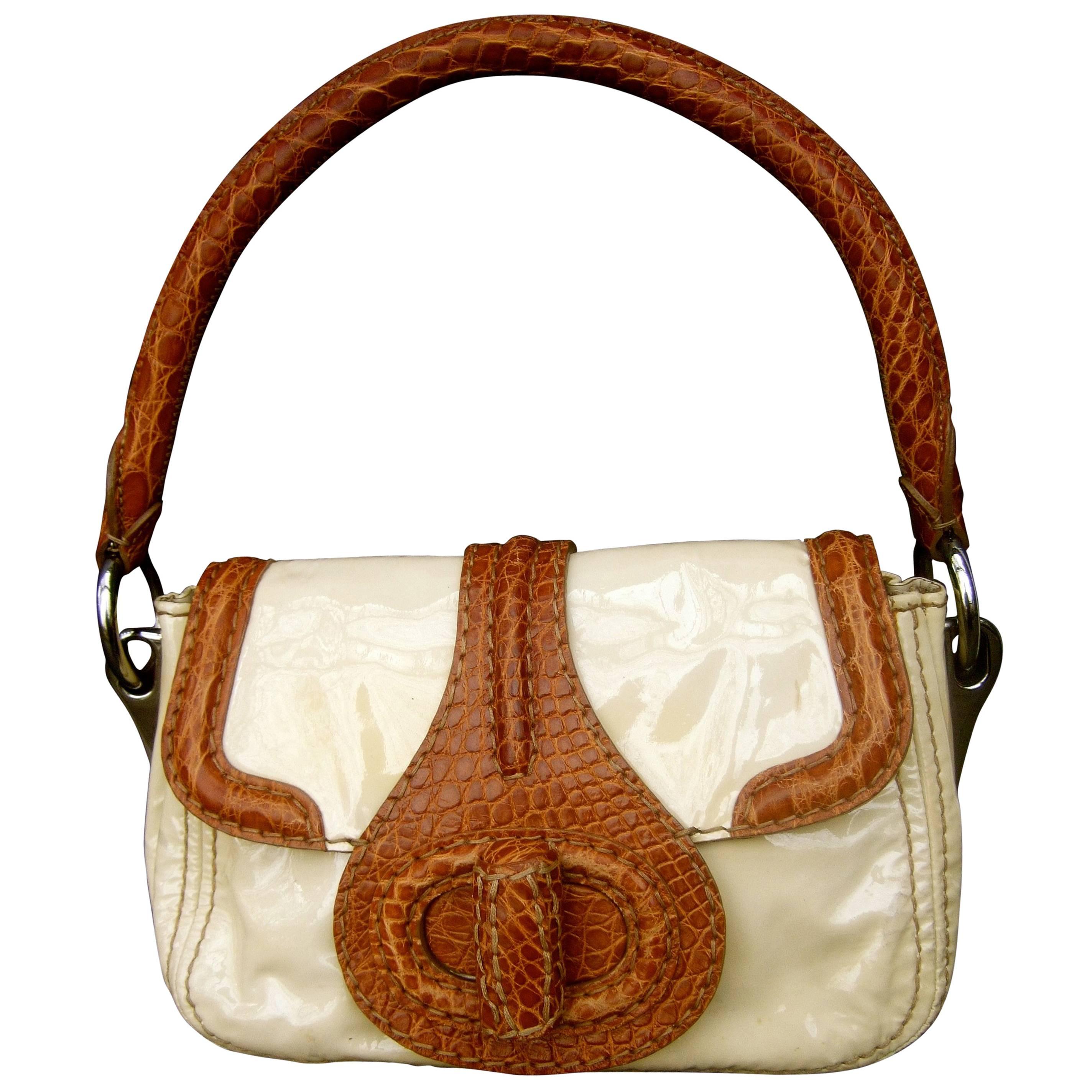 Prada Milano Tan Patent Leather Embossed Trim Handbag, circa 1990s