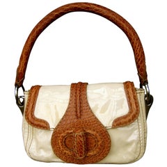 Vintage Prada Milano Tan Patent Leather Embossed Trim Handbag, circa 1990s