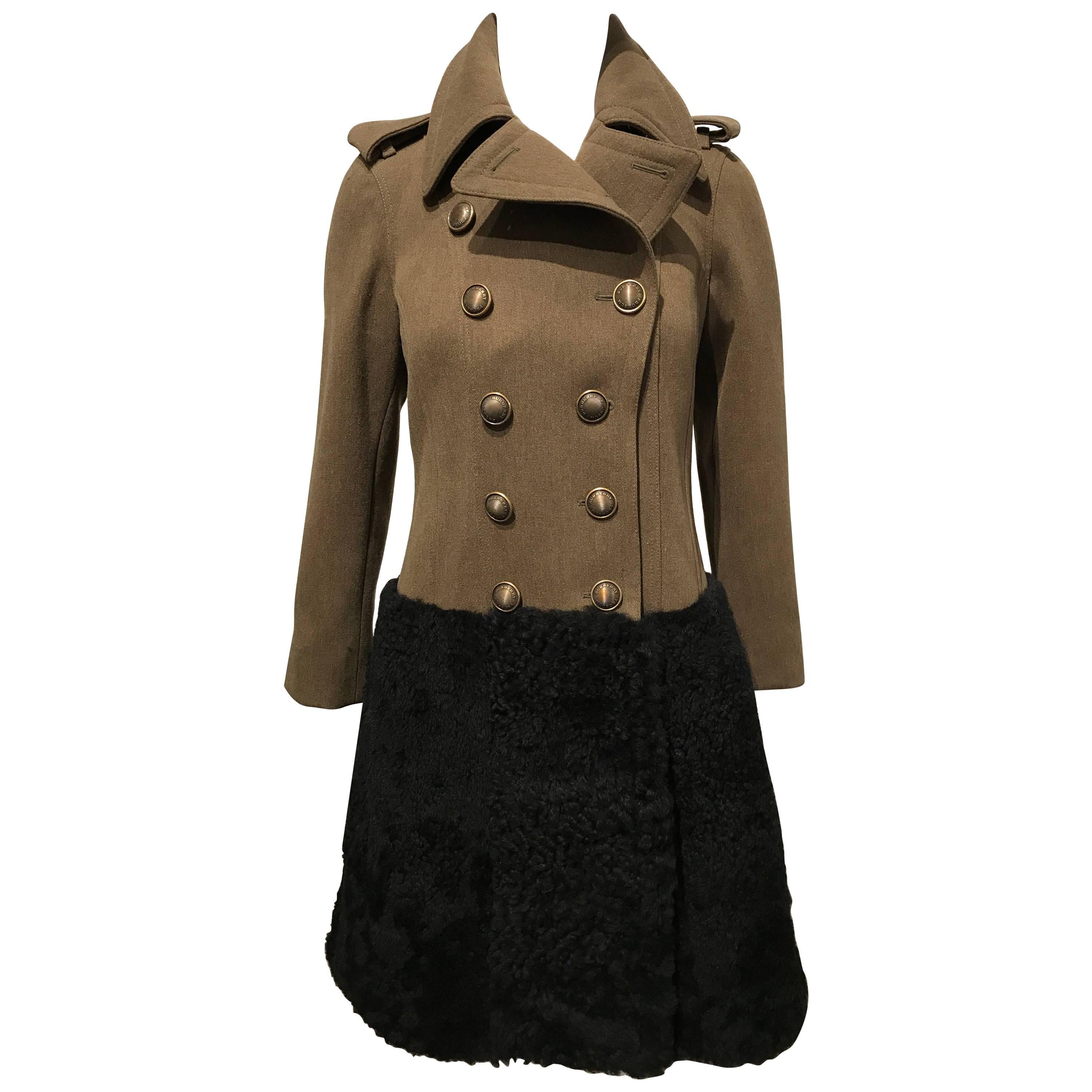 Burberry Prorsum Army Green Wool Coat With Black Shearling Skirt Sz 38 (Us2) For Sale