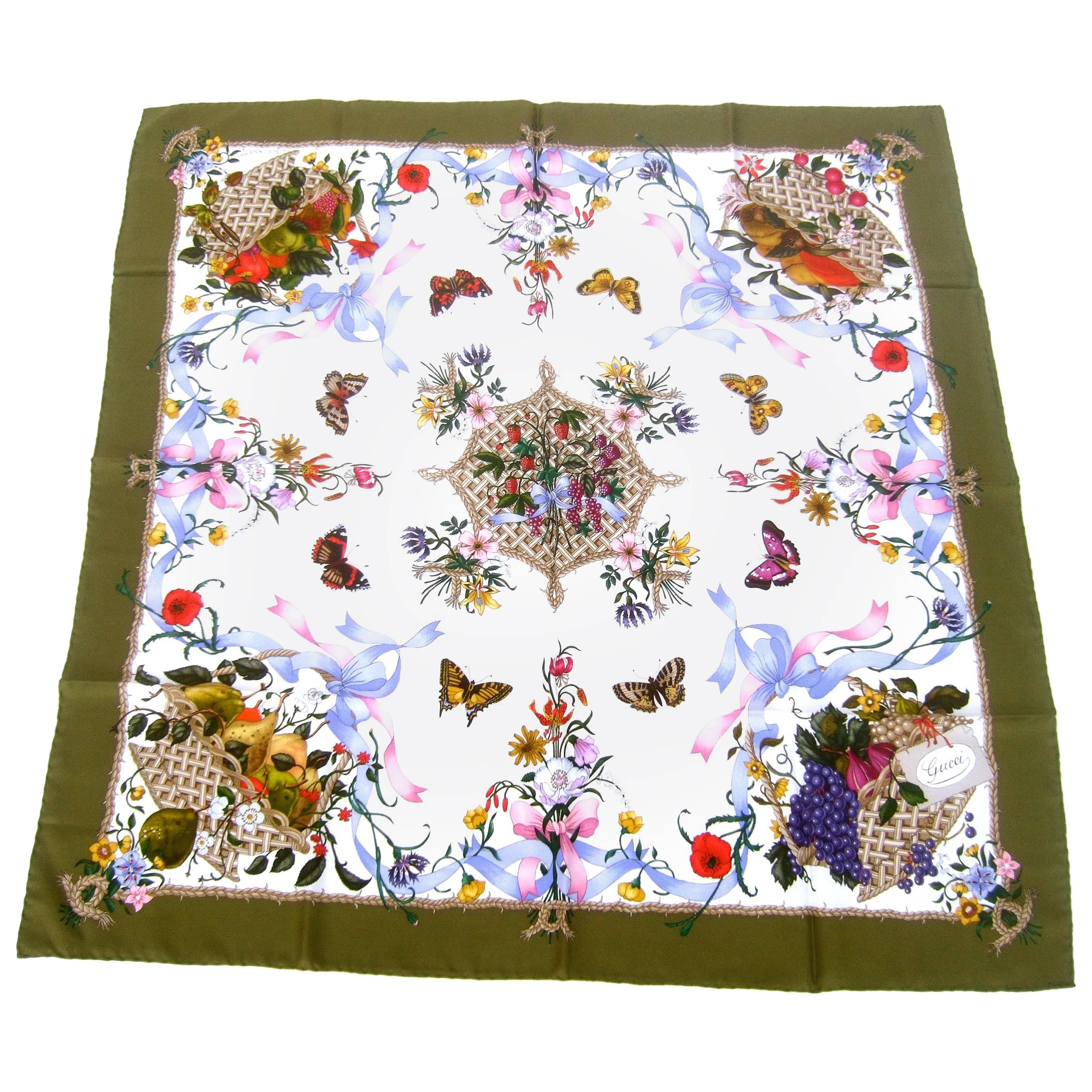 Gucci Italy Spring Floral and Butterfly Hand Rolled Silk Scarf, circa 1970s 