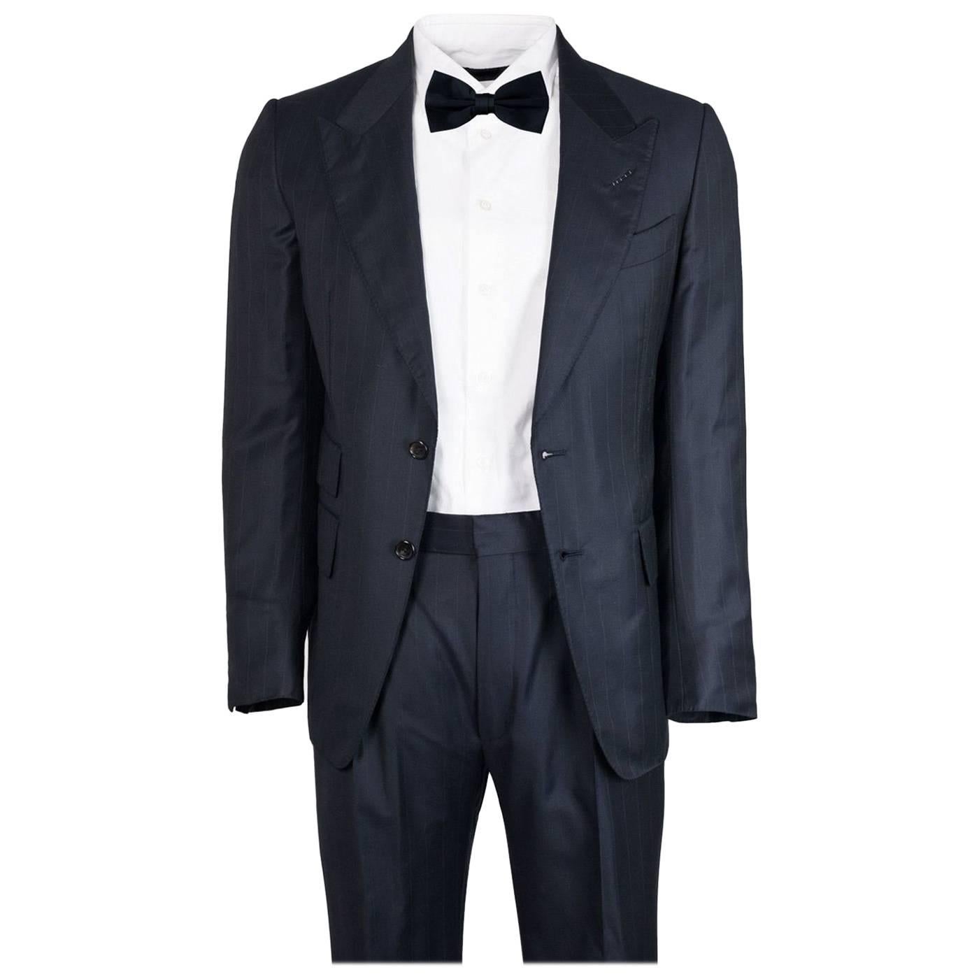Tom Ford Navy Wool Blend Pinstripe Buckley Base Two Piece Suit For Sale