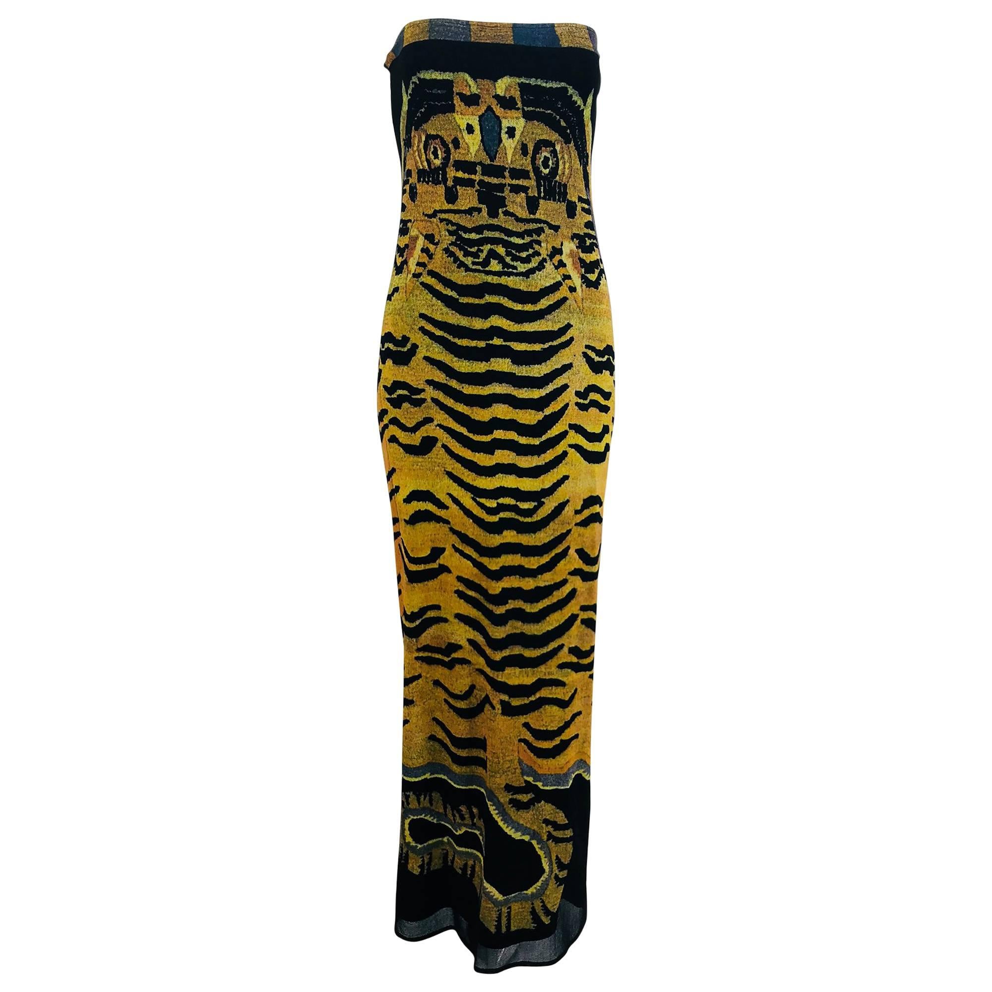 Vivienne Tam Tiger print strapless stretch mesh maxi dress, 1998