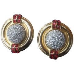 Retro Ben Amun Large Crystal Encrusted Art Deco Style Clip Earrings, circa 1980s 