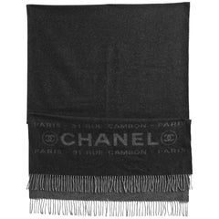 Chanel Grey Cashmere Logo Name Scarf w. Fringe