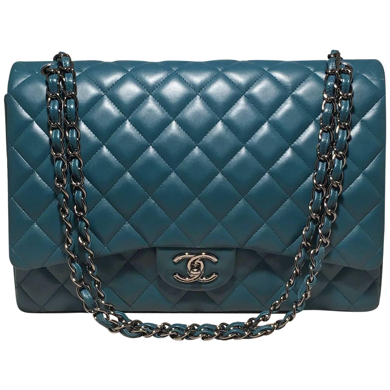 Chanel Dark Teal Quilted Leather 2.55 Maxi Double Flap Classic Shoulder Bag