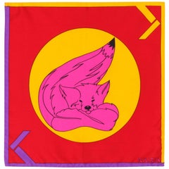 Vintage KRIZIA Bright Colorblock Fox Print Silk Pocket Square Scarf Handkerchief