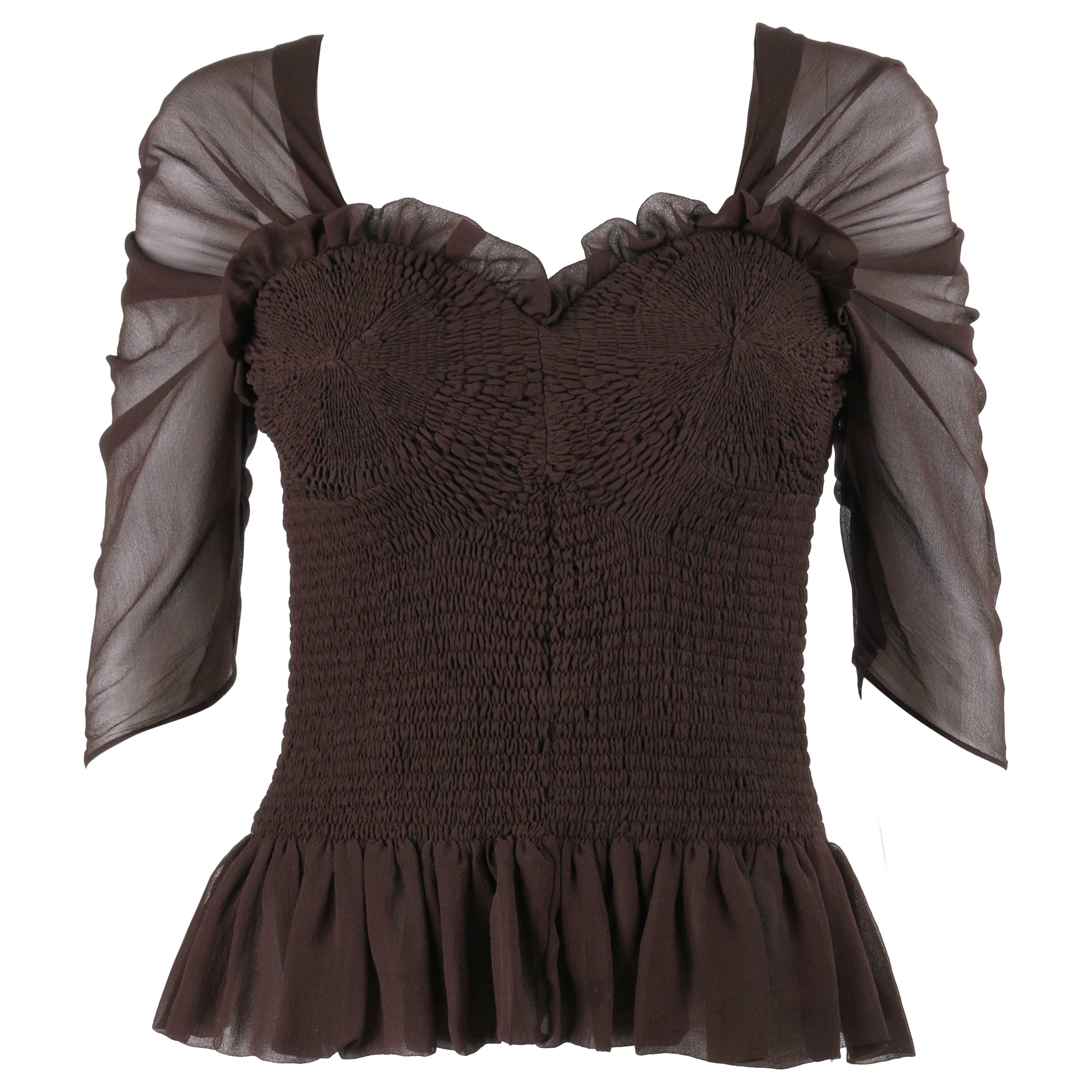 TOM FORD A/W 2015 Brown Silk Georgette Smocked Corset Peplum Top