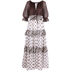 Vintage 1970s Jack Bryan Brown & White Maxi Dress w/Polka Dot Print Skirt & Ruffled Trim