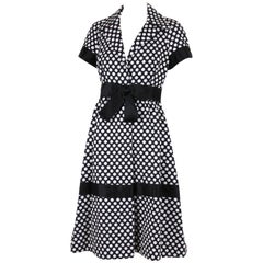Vintage Geoffrey Beene Black and White Polka Dot Day Dress with Satin Bow, 1960s 