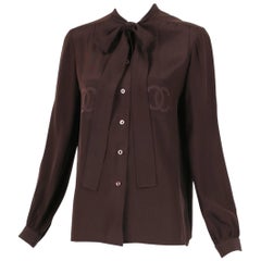 Vintage Chanel Brown Silk Blouse W/CC Logo at Front Pockets