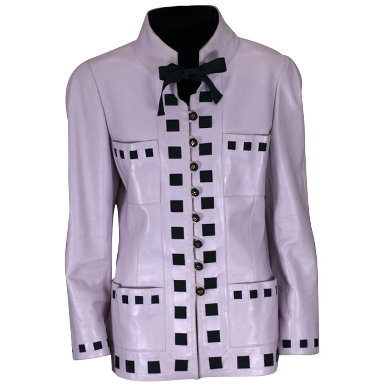 Chanel Pale Lilac Pink Leather and Grosgrain Jacket For Sale