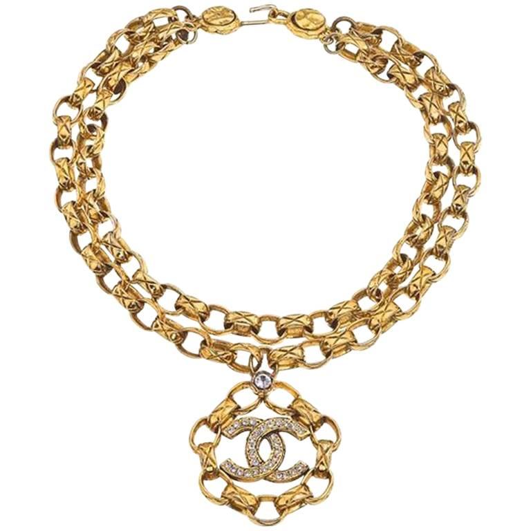 Chanel Double Chain Necklace With Rhinestones For Sale