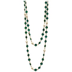 Chanel 1981 Green Crystal & Faux Pearl Sautoir Necklace with Box