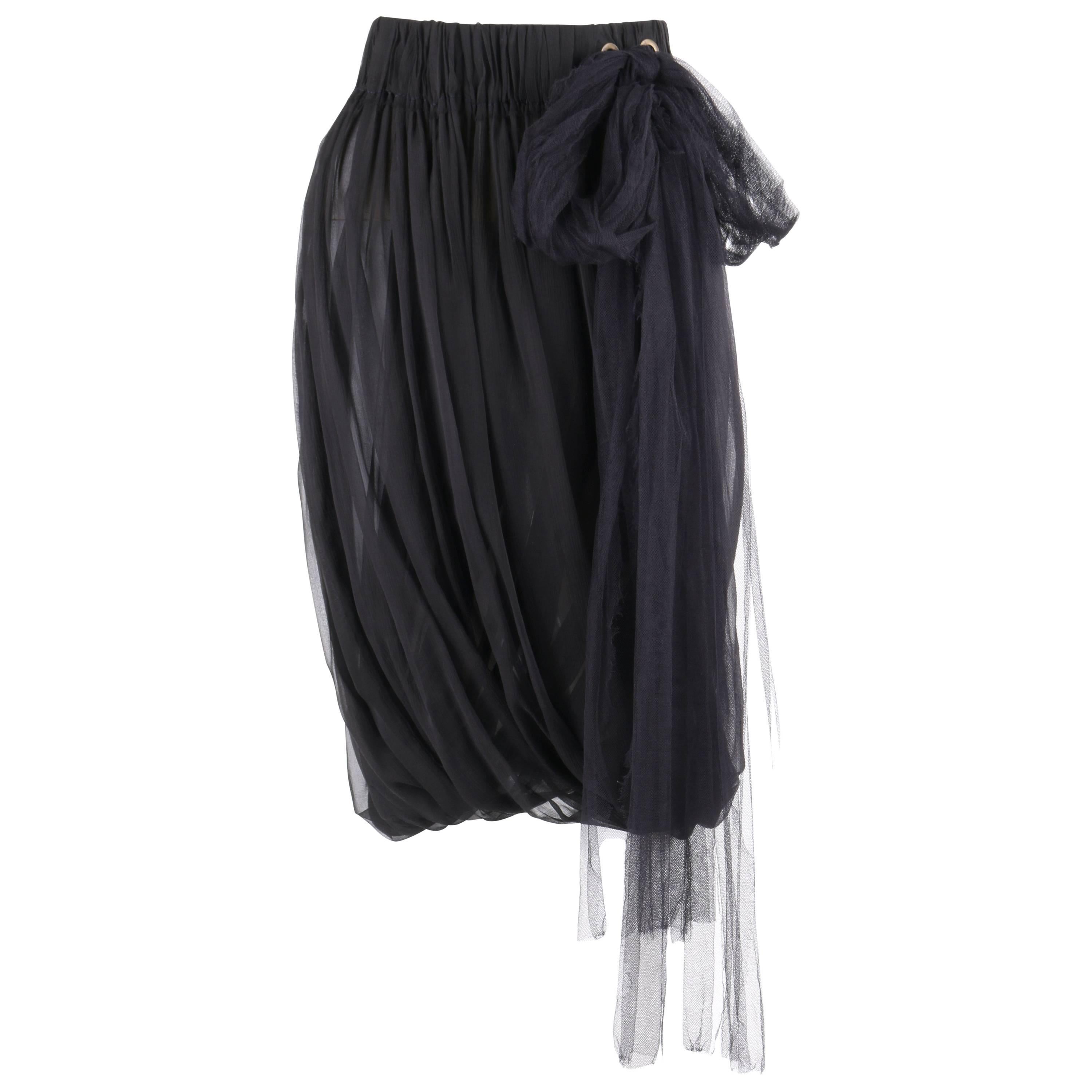 LANVIN S/S 2006 Black Semi Sheer Silk Chiffon Tulle Tie Pleated Bubble Skirt