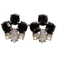 Schiaparelli Black Crystal Faux Diamond Lava Rock Art Glass Clip-on Earrings