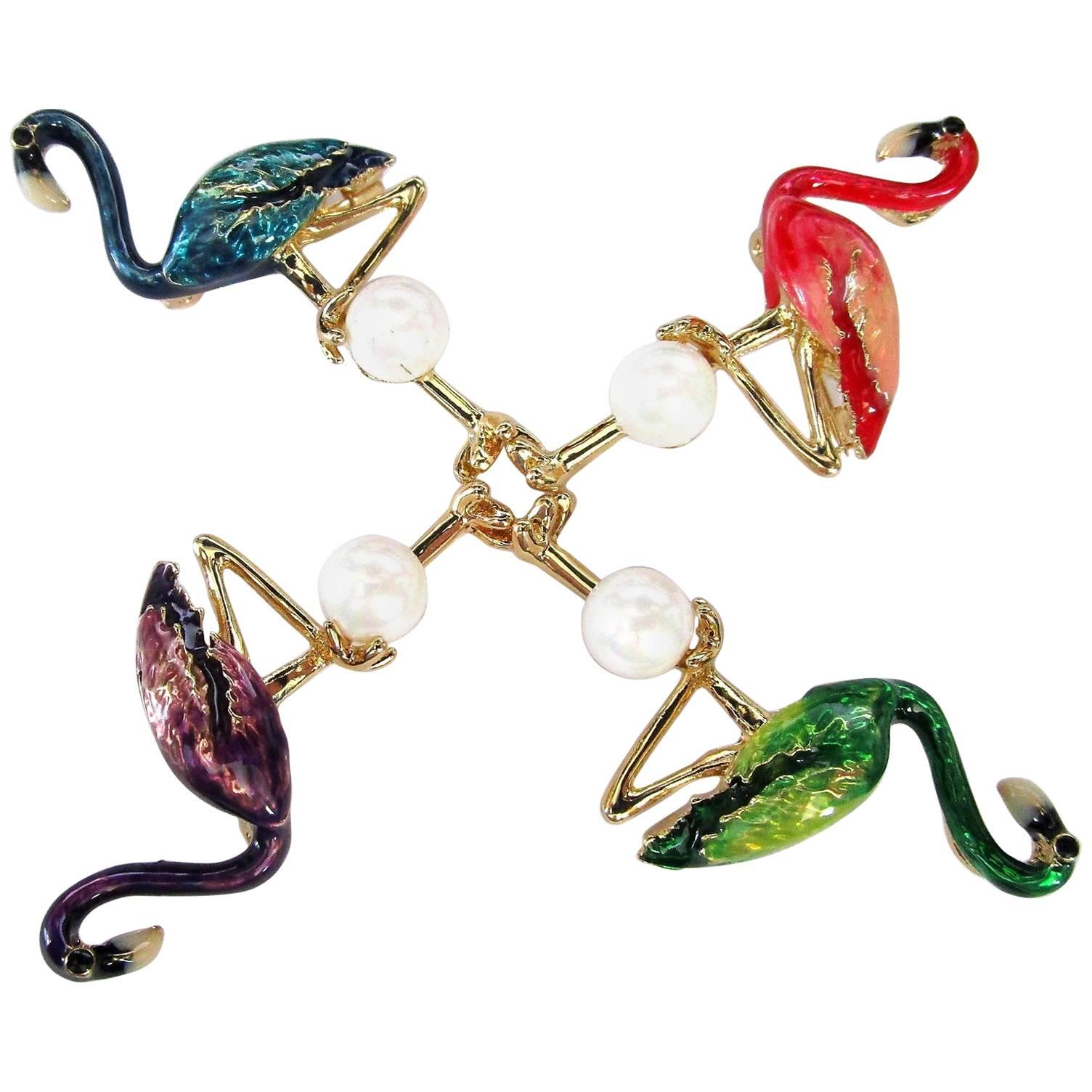 Four Enamel Flamingo Faux Pearl Statement Brooch Pins For Sale