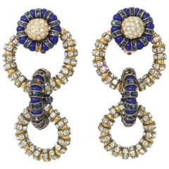 Retro Francoise Montague Blue & Green Crystal Link Earrings