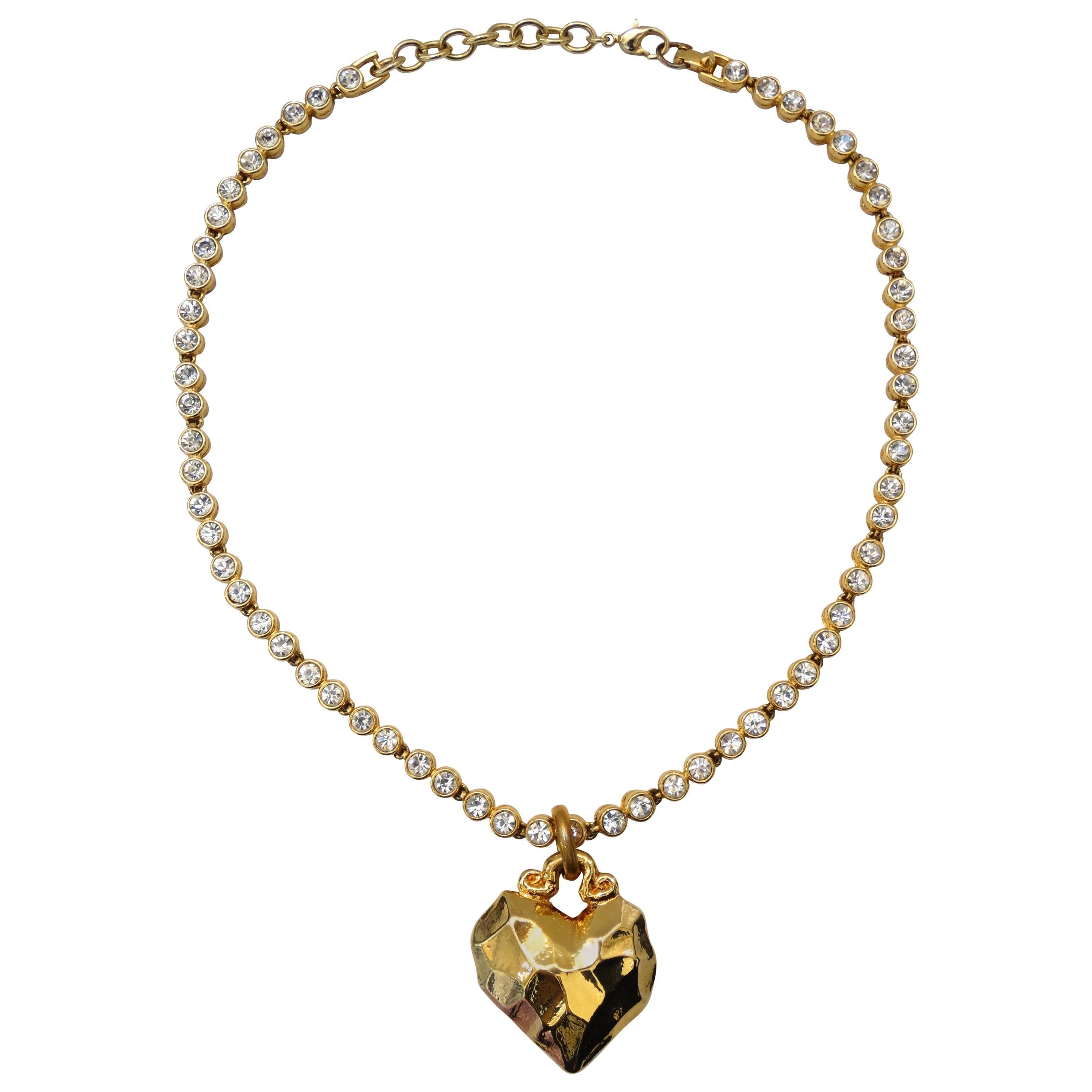 1980s Sonia Rykiel Hammered Heart Pendant Rhinestone Necklace 