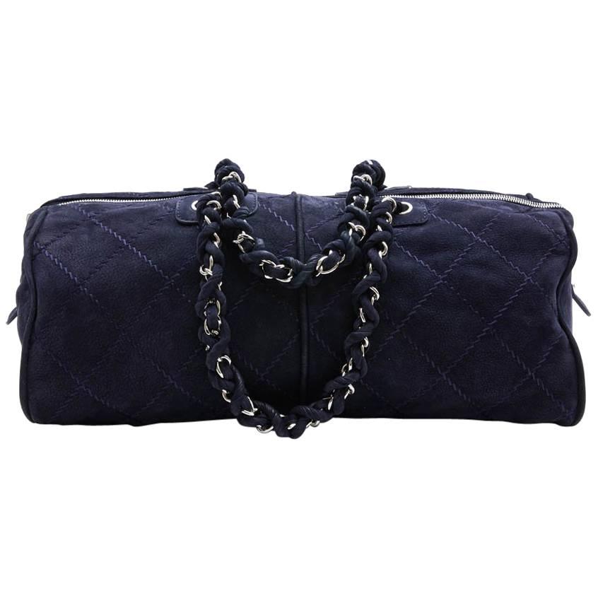 CHANEL Tote Bag in Navy Blue Quilted Suede For Sale