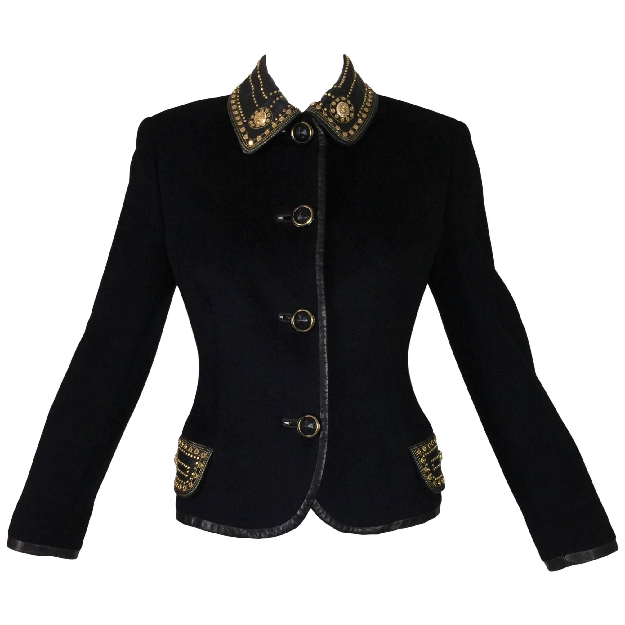 F/W 1992 Gianni Versace Couture Studded Bondage Black Fitted Wool Jacket 40