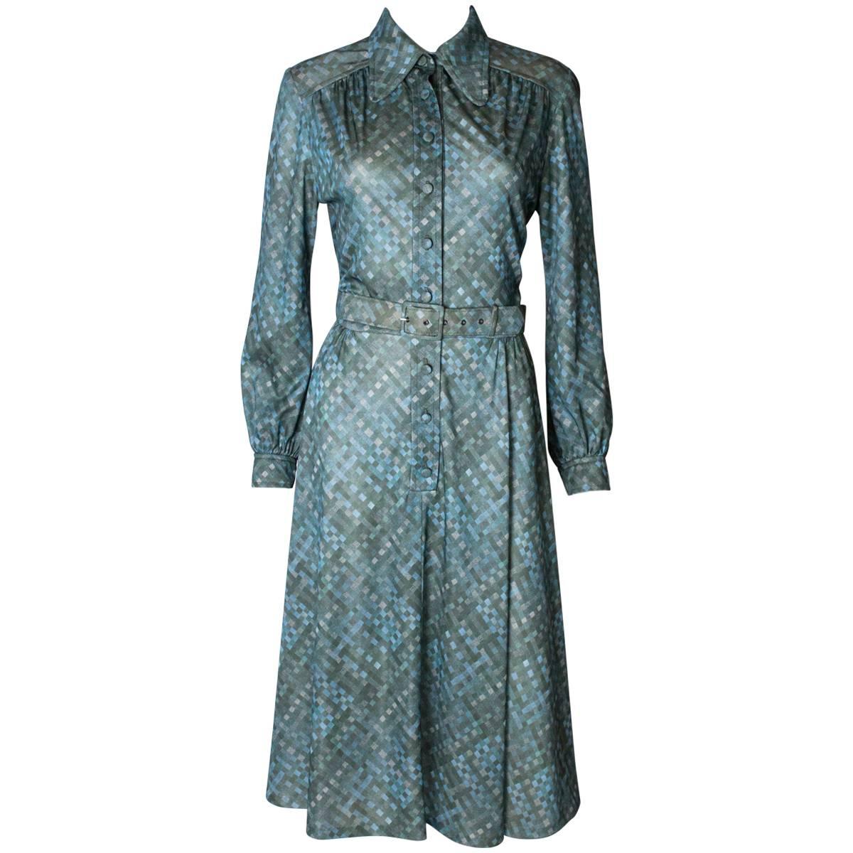 A vintage 1970s green printed day dress by Carnegie London 