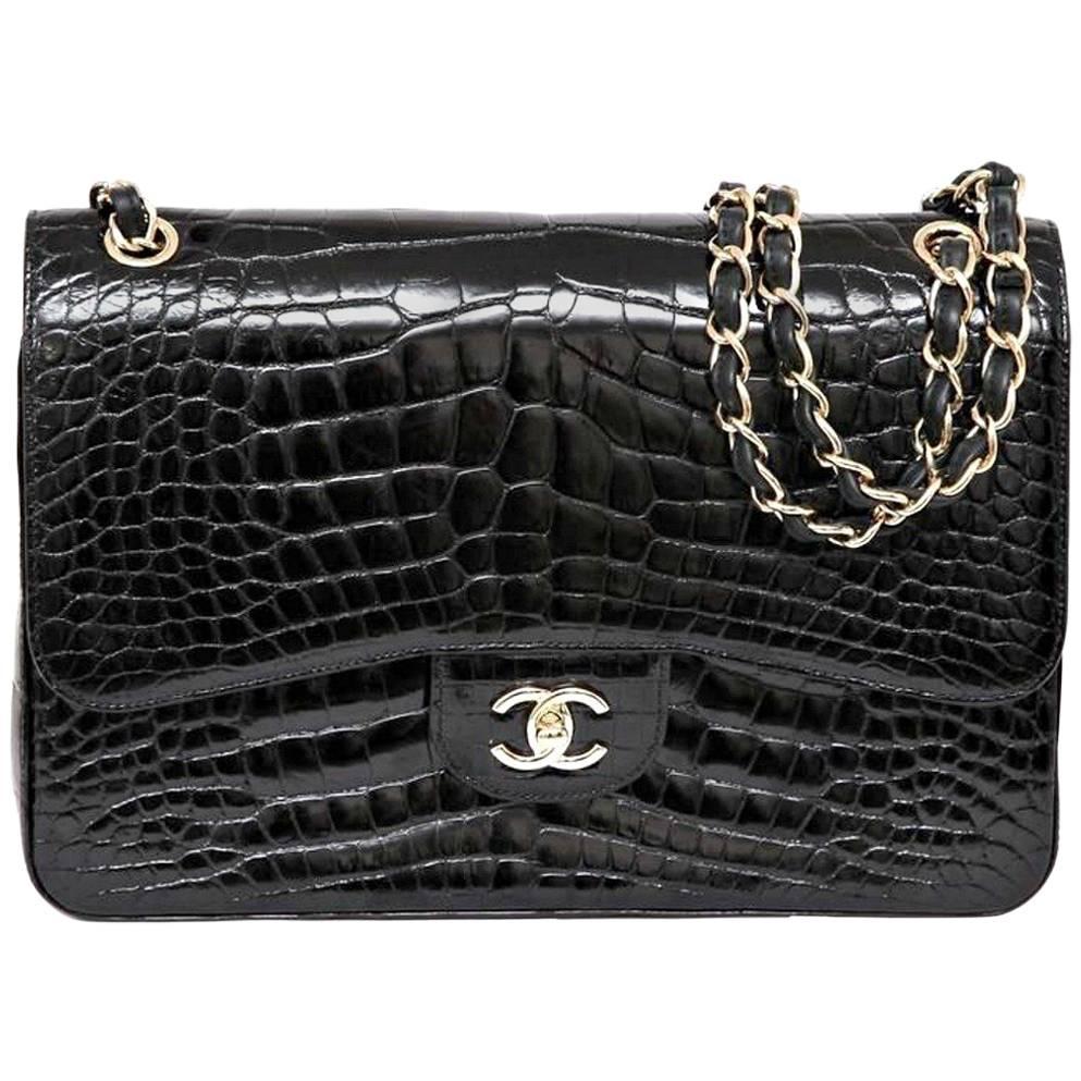 Chanel 12A Black Alligator Classic Jumbo Gold Hardware Double Flap Bag 