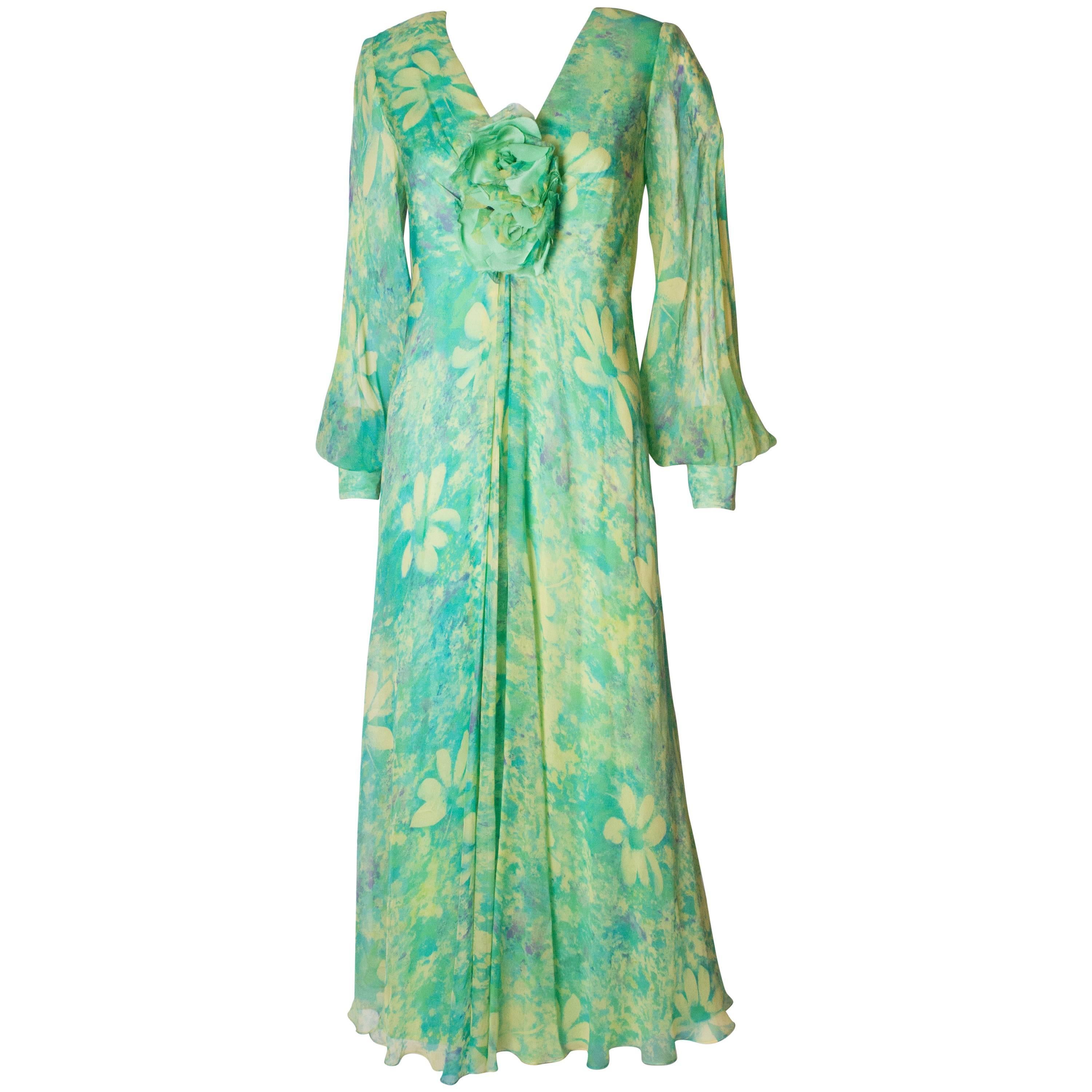 A vintage 1970s green floral print silk dress by Alison Rodger