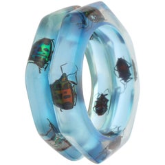 Vintage 2 Pc Blue Translucent Lucite Iridescent Beetle Bangle Bracelet Set