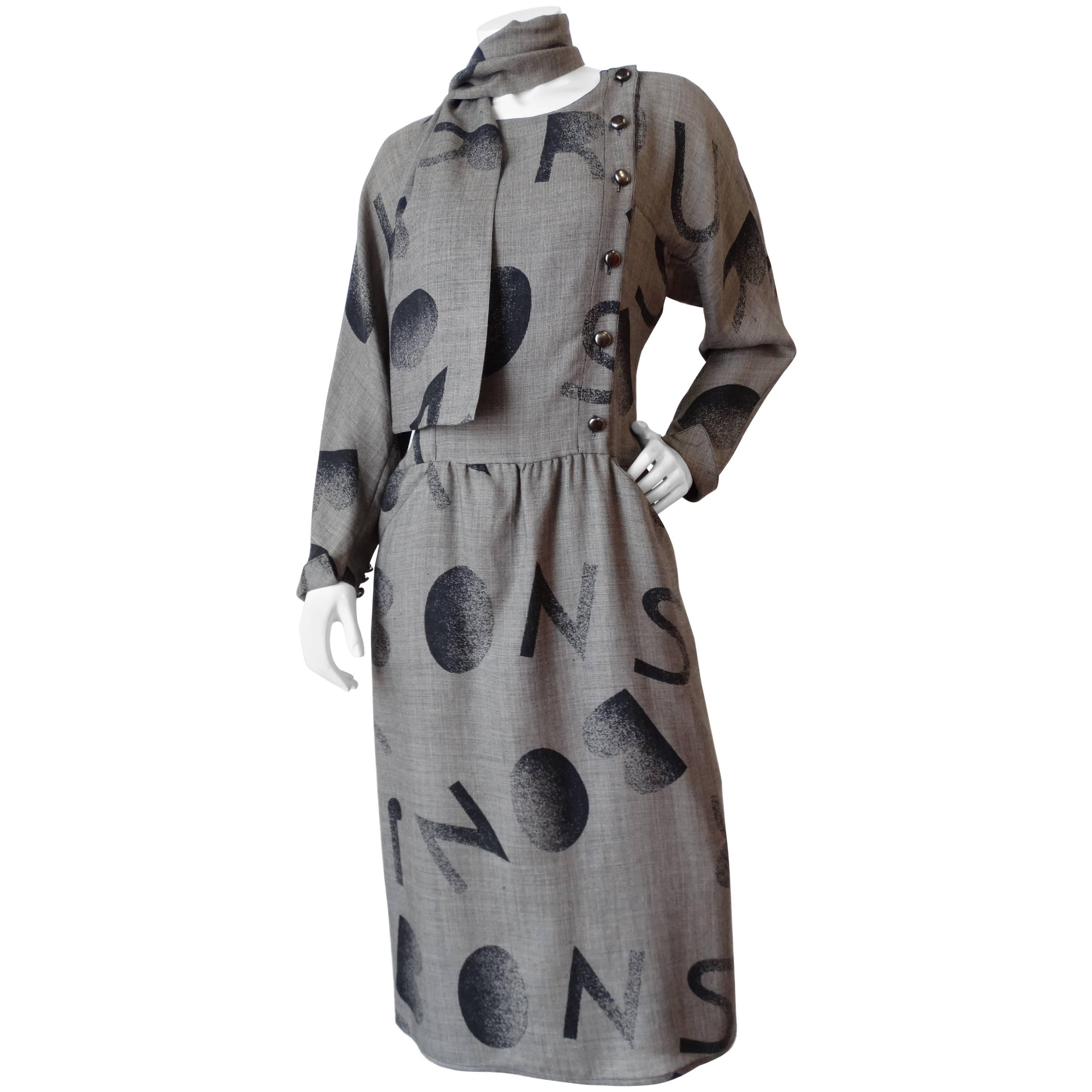 1980s Chloe Grey Alphabet Printed Dress 