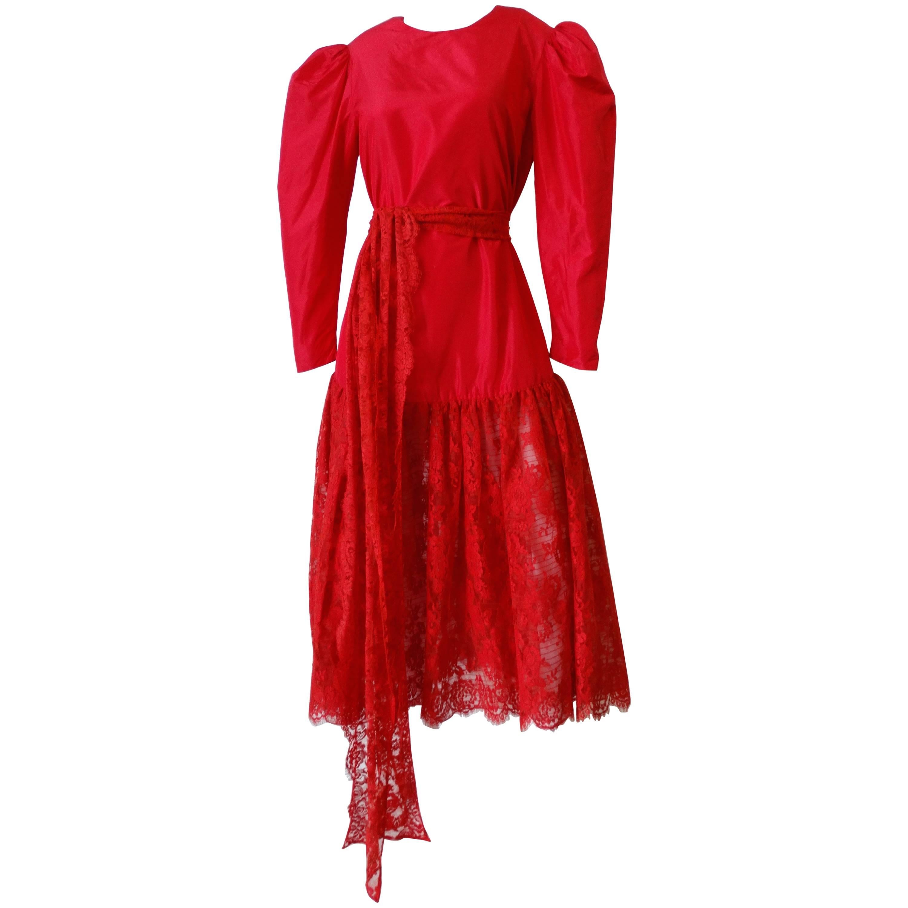 Cherry Red Lace Puff Sleeve Maxi Dress, 1980s  