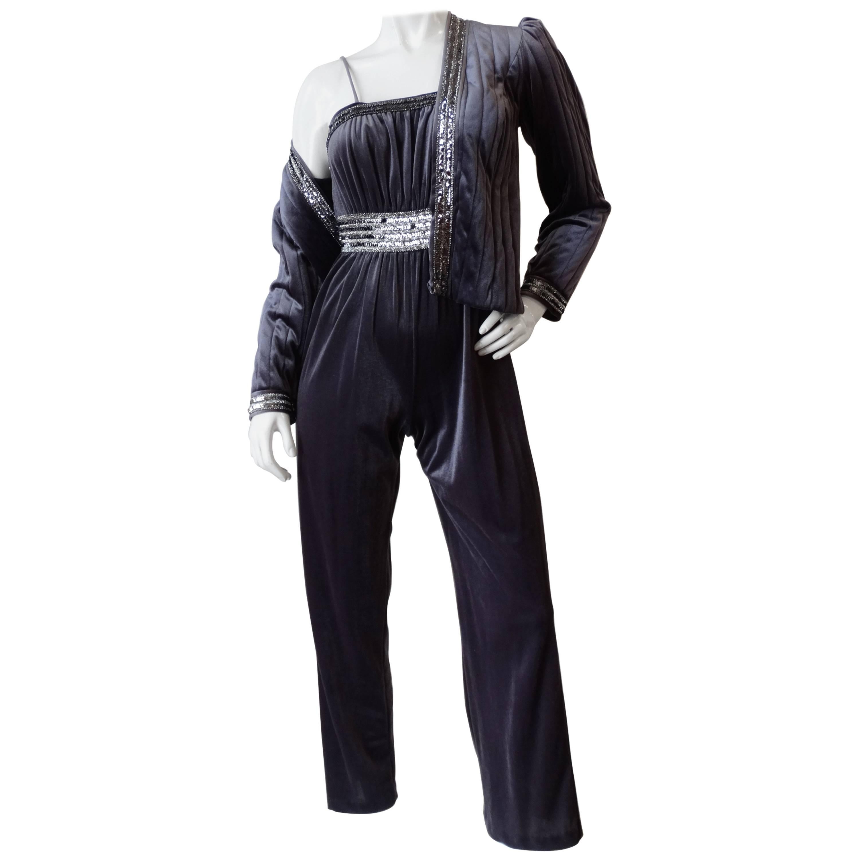 1980s Tom Bezduda Grey Velvet Jumpsuit & Jacket Set 